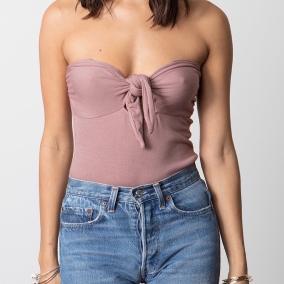 Stillwater S strapless front tie Bodysuit black 0822 ribbed soft bow stretch - Picture 2 of 10